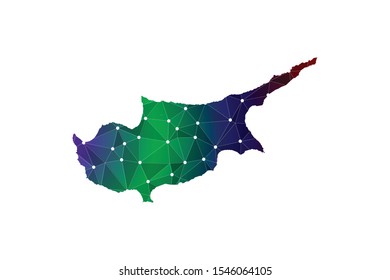 Map of Cyprus from Polygonal wire frame low poly mesh, contours network line, luminous space stars, design sphere, dot and structure. Vector Illustration EPS10.