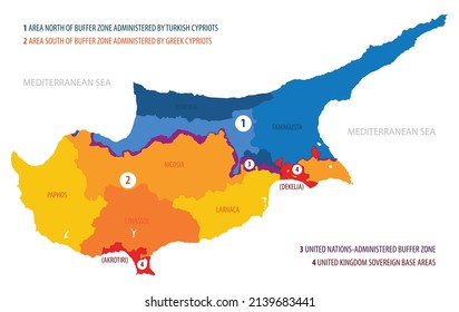 Map of the Cyprus with regions and districts, detailed vector illustration