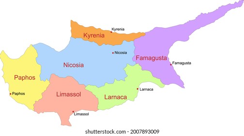 Map of Cyprus with representation of the divisions by districts and location of the administrative centers