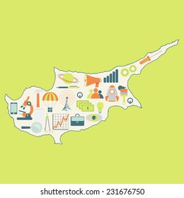 Map of Cyprus with technology icons. Contour map of Cyprus with icons of technology, business, science, communication