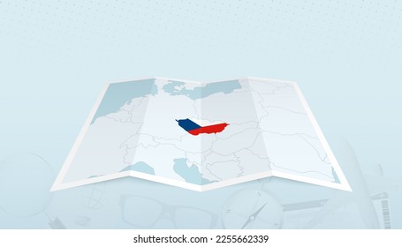 Mapa de la República Checa con la bandera de la República Checa en el contorno del mapa en un telón de fondo abstracto de viaje. Ilustración de viaje.