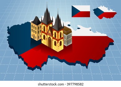 Map of Czech Republic isolated on the white background with national flag and Prague sights
