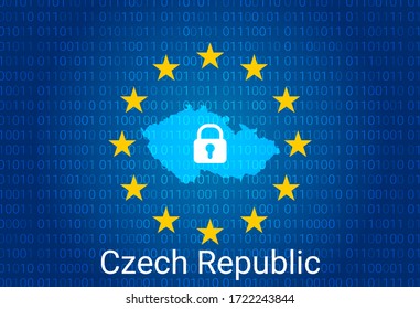 Map of Czech Republic, with lock and binary code background. europe union internet blocking, virus attack, privacy protect. vector illustration