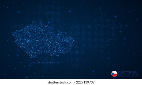 Map of Czech Republic modern design with polygonal shapes on dark blue background. Business wireframe mesh spheres from flying debris. Blue structure style vector illustration concept.