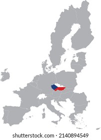 Map of Czech Republic with national flag within the gray map of European Union countries