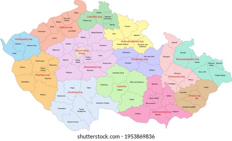 Map of Czech Republic with representation of regions and districts - Labels of administrative divisions in Czech