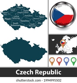 Map of Czech Republic with states and location on European map. Vector image