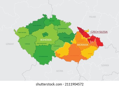 Map of the Czech Republic  with traditional regions and current administrative regions, detailed vector illustration