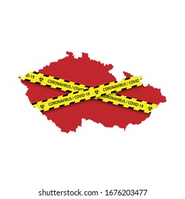 Map of Czech Republic with warning quarantine yellow tape. Danger coronavirus Banner
