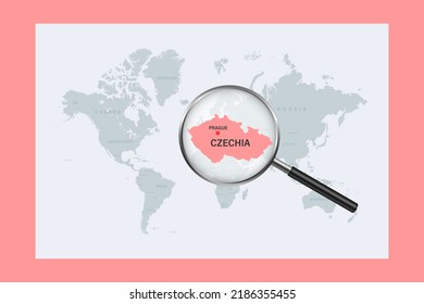 Map of Czechia on political world map with magnifying glass