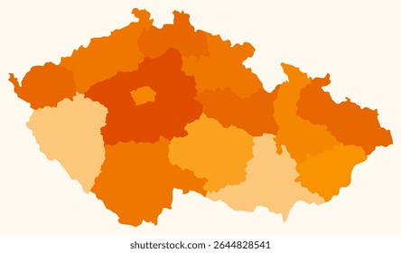 Map of Czechia with regions. Just a simple country border map with region division. Orange color palette. Flat Czechia shape with administrative division. Vector illustration.