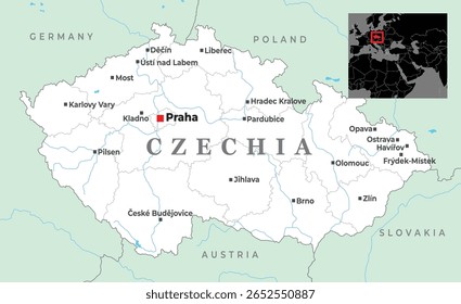 Mapa da Chéquia mostrando cidades-chave como Praga, Brno, Ostrava, e suas fronteiras com a Alemanha, Polônia, Eslováquia e Áustria, colocadas na Europa Central