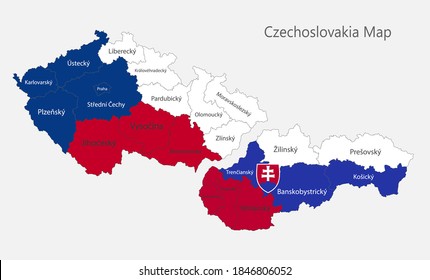 Map of the Czechoslovakia map in the colors of the flag with administrative divisions, Czech Republic and Slovak Republic, vector