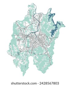 Map of Daejeon, South Korea. Detailed city vector map, metropolitan area with border. Streetmap with roads and water.