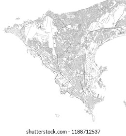 Map of Dakar, satellite view, black and white map. Street directory and city map. Senegal