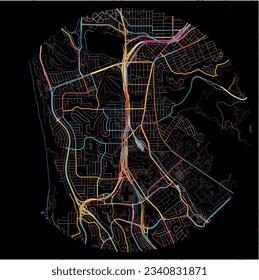 Map of DalyCity, California with all major and minor roads, railways and waterways. Colorful line art on black background.