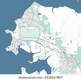 Map of Darwin, Australia. Detailed city vector map, metropolitan area. Streetmap with roads and water.