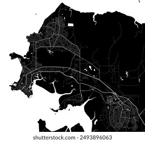 Map of Darwin, Australia. Detailed city vector map, metropolitan area. Black and white streetmap with roads and water.