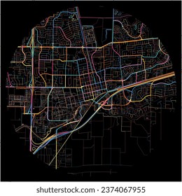 Map of Davis, California with all major and minor roads, railways and waterways. Colorful line art on black background.