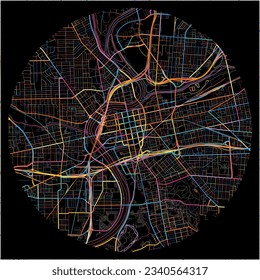 Karte von Dayton, Ohio mit allen wichtigen und kleineren Straßen, Eisenbahnen und Wasserstraßen. Farbige Linienkunst auf schwarzem Hintergrund.