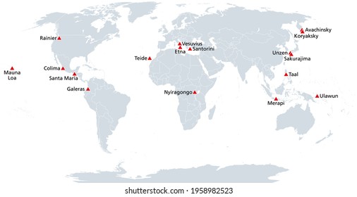 Map of the Decade Volcanoes. Volcanoes worthy of particular study of their history of large, destructive eruptions and proximity to populated areas, to reduce the severity of natural disasters. Vector