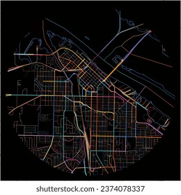 Mapa de Decatur, Alabama con todas las carreteras principales y menores, ferrocarriles y vías fluviales. Coloridas líneas de arte sobre fondo negro.