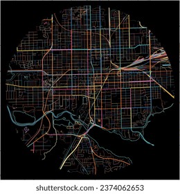 Mapa de Decatur, Illinois con todas las carreteras principales y menores, ferrocarriles y vías fluviales. Coloridas líneas de arte sobre fondo negro.