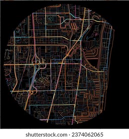 Map of DeerfieldBeach, Florida with all major and minor roads, railways and waterways. Colorful line art on black background.