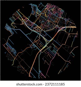 Map of DeFryskeMarren, Friesland with all major and minor roads, railways and waterways. Colorful line art on black background.