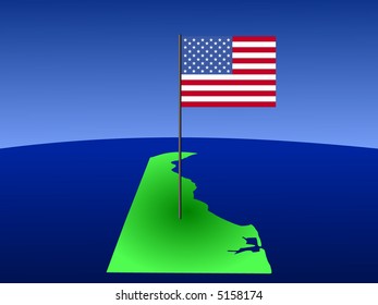 mapa de Delaware con la bandera estadounidense en el polo
