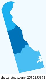 Map of Delaware with counties. Just a simple state border map with county division. Light blue color palette. Flat State of Delaware shape with administrative division. Vector illustration.