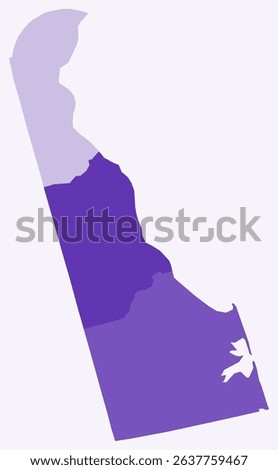 Map of Delaware with counties. Just a simple state border map with county division. Deep purple color palette. Plain State of Delaware shape with administrative division. Vector illustration.