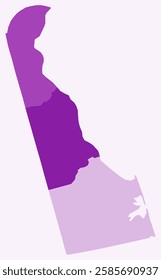 Map of Delaware with counties. A simple state border map with county divisions in a purple color palette. Vector illustration.