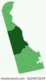 Mapa de Delaware com condados. Apenas um simples mapa da fronteira do estado com a divisão do condado. Paleta de cores verde. Estado simples da forma de Delaware com divisão administrativa. Ilustração vetorial.