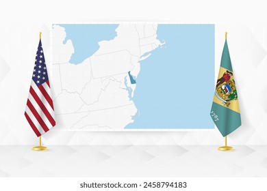 Map of Delaware and flags of Delaware on flag stand. Vector illustration for diplomacy meeting.