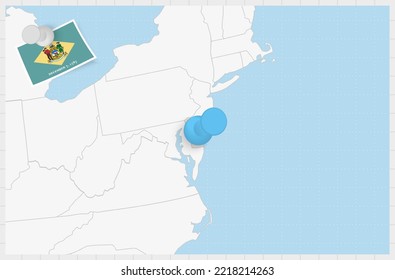 Map of Delaware with a pinned blue pin. Pinned flag of Delaware, vector illustration.