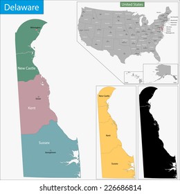 Map of Delaware state designed in illustration with the counties and the county seats