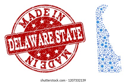 Map of Delaware State vector mosaic and Made In grunge stamp. Map of Delaware State composed with blue gear links. Made in red seal with grunge rubber texture.