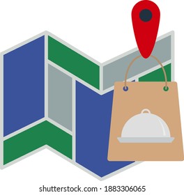 Map With Delivery Food Bag Icon. Flat Color Design. Vector Illustration.