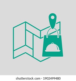 Map With Delivery Food Bag Icon. Green on Gray Background. Vector Illustration.