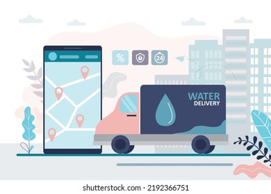 Map With Delivery Points On Smartphone Screen. Truck Full Of Gallons Of Fresh Mineral Water. Company Delivers Bottled Aqua For Cooler. Courier Delivers Orders Around City. Flat Vector Illustration