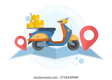 Map with delivery scooter and cardboard boxes, location pin showing fast delivery service. Online store purchases, courier logistics, and express shipping concept.