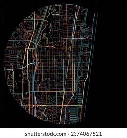 Map of DelrayBeach, Florida with all major and minor roads, railways and waterways. Colorful line art on black background.