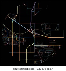 Map of Delta, British Columbia with all major and minor roads, railways and waterways. Colorful line art on black background.