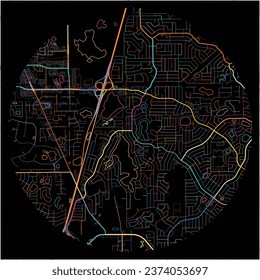 Karte von Deltona, Florida mit allen wichtigen und kleineren Straßen, Eisenbahnen und Wasserstraßen. Farbige Linienkunst auf schwarzem Hintergrund.