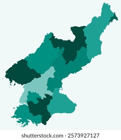 Map of Dem. Rep. Korea with regions. Just a simple country border map with region division. Teal color palette. Blank Democratic People's Republic of Korea shape with administrative division.