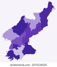 Map of Dem. Rep. Korea with regions. Just a simple country border map with region division. Deep purple color palette. Plain Democratic People's Republic of Korea shape with administrative division.