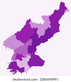 Map of Dem. Rep. Korea with regions. Just a simple country border map with region division. Purple color palette. Blank Democratic People's Republic of Korea shape with administrative division.