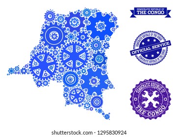 Map of Democratic Republic of the Congo formed with blue engine items, and isolated grunge watermarks for official repair services.