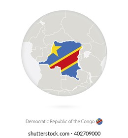 Map of Democratic Republic of the Congo and national flag in a circle. DR Congo map contour with flag. Vector Illustration.